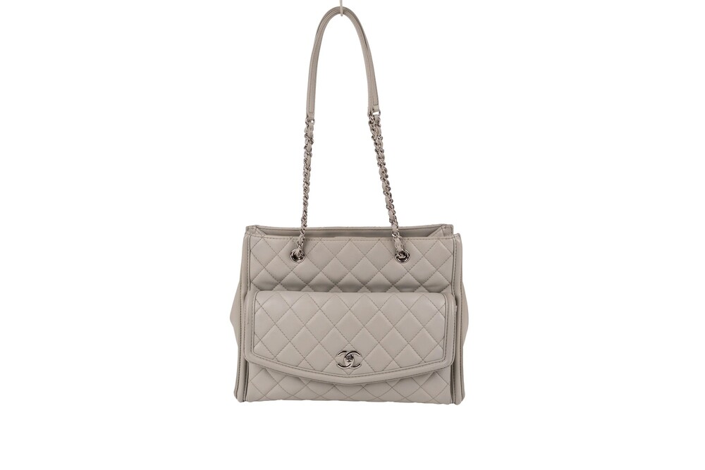 Chanel Gray Pocket Shopping Tote Quilted Lambskin Silver Hardware